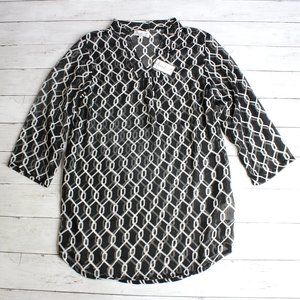 Just Bee Vintage Sheer Tunic Top Blouse Size M Black White Geo 3/4 Sleeve
